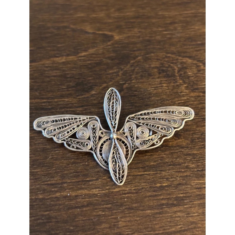 Vintage Sterling Silver Filigree Butterfly Brooch 925 Intricate Wirework Pin - Picture 5 of 9